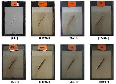 Figure 39. Photo. Progressive changes of panel 134 (GFP: ALT). This figure shows a series of photos of scribed glass flake reinforced polyester (GFP) panel 134 at time periods of 0, 1,080, 2,160, 3,240, 4,320, 5,400, 6,120, and 6,840 h of accelerated lab testing (ALT). The photos do not show any holidays or surface deterioration. Rust creepage growth appears at 3,240 h and progressively increases through the rest of the test period.