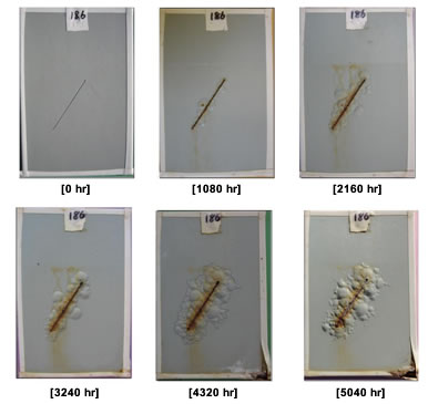 Figure 44. Photo. Progressive changes of panel 186 (WBEP: ALT). This figure shows a series of photos of scribed waterborne epoxy (WBEP) panel 186 at time periods of 0, 1,080, 2,160, 3,240, 4,320, 5,400, 6,120, and 6,840 h of accelerated lab testing (ALT). The photos do not show any holidays or surface deterioration through the time of exposure. Rust creepage starts at 
2,160 h and progressively grows, with severe creepage at the end of testing at 6,840 h. 
