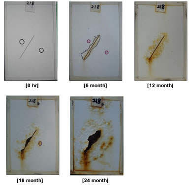 Figure 49. Photo. Progressive changes of panel 218 (SLX: ME). This figure shows a series of photos of scribed polysiloxane (SLX) panel 11 at time periods of 0, 6, 12, 18, and 24 months of marine exposure (ME). The test panel had two initial defects. Rust creepage started to grow at 6 months and increased rapidly at the end of testing, with a large area around the scribe rusting and peeled off.