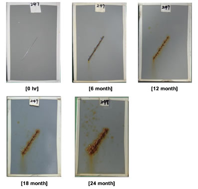 Figure 53. Photo. Progressive changes of panel 247 (UM: ME). This figure shows a series of photos of scribed urethane mastic (UM) panel 247 at time periods of 0, 6, 12, 18, and 24 months of marine exposure (ME). The photos do not show any holidays or surface deterioration through the time of exposure. Rust creepage started at 12 months with slight rusting around the scribed area that increased progressively with more rusting at the end of the test period. 