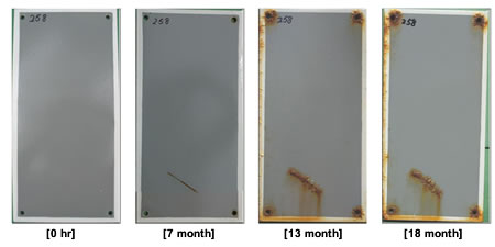 Figure 55. Photo. Progressive changes of panel 258 (UM: NWS). This figure shows a series of photos of scribed urethane mastic (UM) panel 258 at time periods of 0, 7, 13, and 18 months of natural weathering exposure with salt spray (NWS). The photos do not show any holidays or surface deterioration. Rust creepage started to grow at 13 months and continued throughout the rest of the test period, with rusting around the scribed area and at the bottom edges.