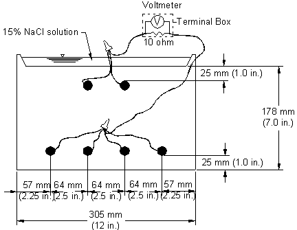 The specimen used in the southern exposure test consists of a small slab (305 by 305 mm (12 by 12 inches)) containing two mats of reinforcing steel. The top mat consists of two No. 16 (No. 5) bars; the bottom mat consists of four No. 16 (No. 5) bars. The cover for top and bottom bars is 25 mm (1 inch). The mats are connected electrically across a 10-ohm resistor, a dam is placed around the edge of the top surface (cast integrally with the specimen in this study), and the sides of the concrete are sealed with epoxy. A 15 percent sodium chloride solution is placed inside the dam, allowing the chlorides to penetrate into the concrete.