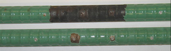 The bars were subjected to disbondment testing at locations that were intentionally damaged prior to the initiation of the corrosion test. Specimens with increased adhesion show no improvement in performance under the disbondment test.