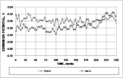 The corrosion potential of the bottom mats of steel for conventional epoxy-coated reinforcement (ECR) starts close -0.350 V and rises to values more positive than -0.150 V by the end of the 250-week test.