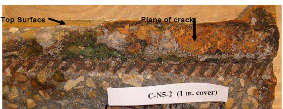 Severe staining is observed along the plane of the crack and around the reinforcement. The corrosion products exposed to air in the crack have an orange-brown color; corrosion products not exposed to air during testing had a greenish-black color.