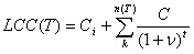 Equation 2. LCC(T). LCC parenthesis T end parenthesis equals C subscript I plus the sum for k to n parenthesis T end parenthesis of C divided by parenthesis 1 plus nu end parenthesis to the power t.
