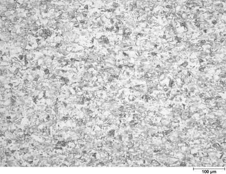 This photomicrograph shows an etched microstructure of an 11Cr plate from heat 67-V1-77 in the as-normalized condition zoomed to 100X. It shows randomly scattered grains of different shades of gray ranging from white to black. A scale mark about 15 percent of the length of the photo is marked 3.9 mil (100 microns).