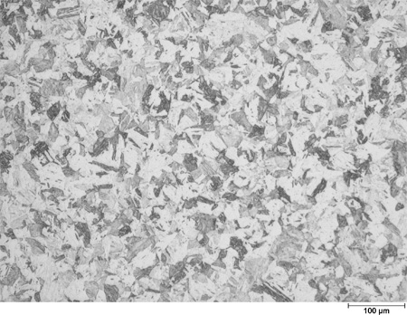 This photomicrograph shows an etched microstructure of a 9Cr plate from heat 67-V1-68 in the as-normalized condition zoomed to 100X. It shows randomly scattered grains of different shades of gray ranging from light gray to black. A scale mark about 15 percent of the length of the photo is marked 3.9 mil (100 microns).
