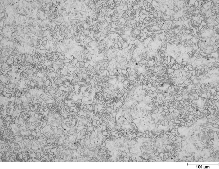 This photomicrograph shows an etched microstructure of a 7Cr2Si plate from heat 67-V1-73 in the as-normalized condition zoomed to 100X. It shows randomly scattered grains of different shades of gray ranging from white to black. A scale mark about 15 percent of the length of the photo is marked 3.9 mil (100 microns).