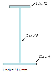 The illustration shows a cross section of a conventional fabricated plate girder bridge. The shape is an "I," with the top section labeled 12 x 0.5 inches (305 x 12.7 mm). The vertical section is labeled 52 x 0.375 inches (1,320  x 9.5 mm), and the bottom flange section is labeled 15 x 0.75 inches (380 x 19 mm).