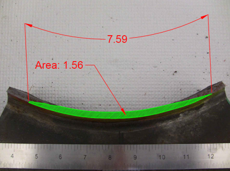 This photo shows the fracture surface. The crack has a total length of 7.59 inches along the outside diameter of the tube and a total area of 1.56 square inches.