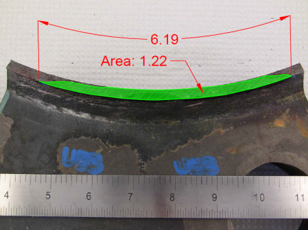 This photo shows the fracture surface. The crack has a total length of 6.19 inches along the outside diameter of the tube and a total area of 1.22 square inches.