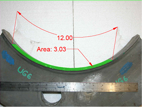 This photo shows the fracture surface. The crack has a total length of 12.00 inches along the outside diameter of the tube and a total area of 3.03 square inches.