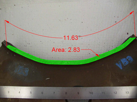 This photo shows the fracture surface. The crack has a total length of 11.63 inches along the outside diameter of the tube and a total area of 2.83 square inches.