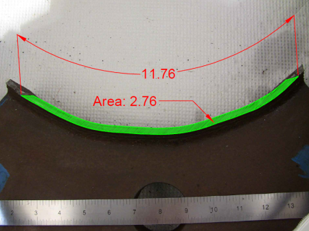 This photo shows the fracture surface. The crack has a total length of 11.76 inches along the outside diameter of the tube and a total area of 2.76 square inches.