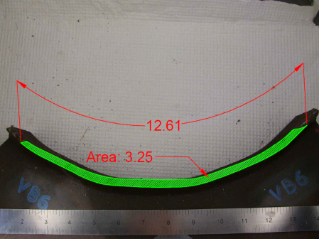 This photo shows the fracture surface. The crack has a total length of 12.61 inches along the outside diameter of the tube and a total area of 3.25 square inches.