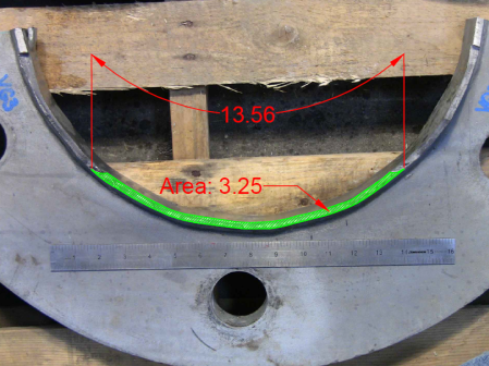 This photo shows the fracture surface. The crack has a total length of 13.56 inches along the outside diameter of the tube and a total area of 3.25 square inches.