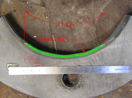 This photo shows the fracture surface. The crack has a total length of 11.42 inches along the outside diameter of the tube and a total area of 2.69 square inches.
