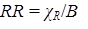 The equation  shows the calculation of the resultant ratio RR as equal to the quotient of chi subscript R divided by B.