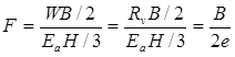 The equation shows three  solutions for F. For each solution, F equals the quotient of two terms. In  the first solution, the numerator term is the quotient of WB divided by 2. The denominator term is the quotient of the  product of e subscript A times H divided by 3. In the second solution, the numerator term is the  quotient of the product of R subscript v times B divided by 2. The denominator term is  the quotient of the product of e subscript A times H divided by 3. In the third solution,  the numerator is B, and the  denominator is 2e.