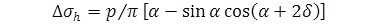 The equation  calculates Delta sigma subscript h as equal to the product of two terms. The  first term is the quotient of p divided by pi. The second term is alpha minus  the product of the sine of alpha times the cosine of the sum of alpha plus the  product of 2 times delta.