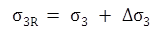 The equation  calculates sigma subscript 3R as equal to sigma subscript three plus Delta  sigma subscript three.
