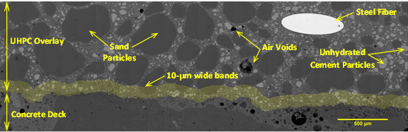 Figure 11. Illustration. Composite SEM micrograph used for microstructural analysis.(2) This figure illustrates one of the composite SEM micrographs used for microstructural analysis. The image identifies the concrete deck, the UHPC overlay, 10-micrometer wide bands, sand particles, air voids, steel fiber, and unhydrated cement particles. The image is shown to have a scale bar measuring 500 microns. The image also illustrates the 10-micro wide bands used to determine constituents in close proximity to the UHPC–concrete interface.