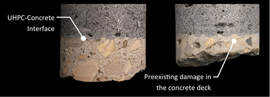 Figure 13-A. Photo. Test Location: G2. This illustration shows a sample from the G2 test location. The UHPC–concrete interface is denoted, and bond between the UHPC overlay and the substrate concrete appears intact. Furthermore, the texture of the existing concrete deck created by scarification is apparent.  Figure 13-B. Photo. Test Location: B7. This illustration shows a sample from the B7 test location. Although a crack is present in the deck concrete, the bond between the UHPC overlay and the substrate concrete appears intact. Furthermore, the texture of the existing concrete deck created by scarification is apparent.