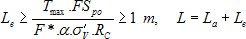 Equation 2.5. L subscript lowercase E is greater than or equal to the quotient of the product of T subscript max times FS subscript lowercase PO divided by F superscript asterisk times alpha times theta prime subscript lowercase V, times R subscript C, which is greater than or equal to one meter, when L, which is the total length of the reinforcement, equals L subscript lowercase A, which is the length of the reinforcement between the facing and the critical slip surface, plus L subscript lowercase E, which is the anchorage or embedment length of the reinforcement that extends behind the adopted slip surface.