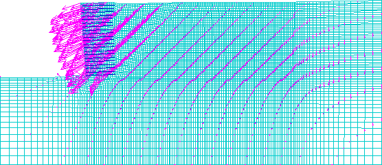 Figure 4.16. Grids. Displacement Vectors for Case 10 (S equals 0.2 meters, lowercase L equals 1.5 meters):  (A) Failure State (lowercase H equals 4.4 meters, ratio of lowercase L to lowercase H equals 0.34); (B) Critical State (lowercase H equals 3.2 meters, ratio of lowercase L to lowercase H equals 0.47). The figure shows the numerical grid and the displacement vectors at failure and critical state. The definition of the failure and critical state is given in the text