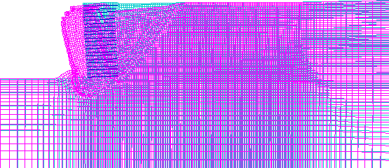 Figure 4.17. Grids. Distorted Grid for Case 10 (S equals 0.2 meters, lowercase L equals 1.5 meters):  (A) Failure State (lowercase H equals 4.4 meters, ratio of lowercase L to lowercase H equals 0.34); (B) Critical State (lowercase H equals 3.2 meters, ratio of lowercase L to lowercase H equals 0.47). For each state the figure shows the numerical grid for the model to scale and distorted (i.e., the cumulative displacements are artificially exaggerated for illustrative purposes).