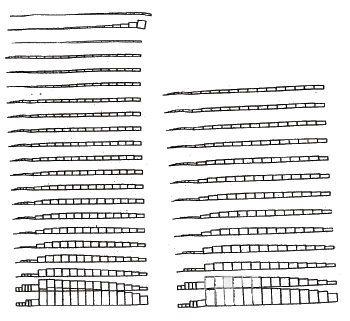 Figure 4.19. Drawings. Axial Force Distribution in Reinforcement for Case 10 (S equals 0.2 meters, lowercase L equals 1.5 meters):  (A) Failure State (lowercase H equals 4.4 meters, ratio of lowercase L to lowercase H equals 0.34); (B) Critical State (lowercase H equals 3.2 meters, ratio of lowercase L to lowercase H equals 0.47). This figure shows the distribution of the axial force along each reinforcement layer present at failure and critical state.