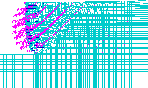 Figure 4.22. Grids. Displacement Vectors for Case 8-1 (S equals 0.4 meters, lowercase L equals 1.5 meters):  (A) Failure State (lowercase H equals 8.0 meters, ratio of lowercase L to lowercase H equals 0.19); (B) Critical State (lowercase H equals 5.0 meters, ratio of lowercase L to lowercase H equals 0.30). The figure shows the numerical grid and the displacement vectors at failure and critical state. The definition of the failure and critical state is given in the text