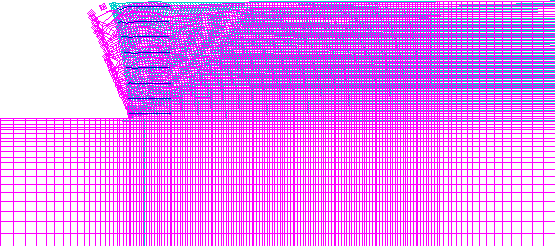 Figure 4.34. Grids. Distorted Grid for Case 2 (S equals 0.6 meters, lowercase L equals 1.5 meters):  (A) Failure State (lowercase H equals 4.6 meters, ratio of lowercase L to lowercase H equals 0.33); (B) Critical State (lowercase H equals 2.6 meters, ratio of lowercase L to lowercase H equals 0.58). For each state the figure shows the numerical grid for the model to scale and distorted (i.e., the cumulative displacements are artificially exaggerated for illustrative purposes).