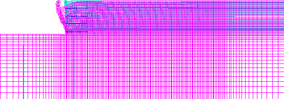 Figure 4.34. Grids. Distorted Grid for Case 2 (S equals 0.6 meters, lowercase L equals 1.5 meters):  (A) Failure State (lowercase H equals 4.6 meters, ratio of lowercase L to lowercase H equals 0.33); (B) Critical State (lowercase H equals 2.6 meters, ratio of lowercase L to lowercase H equals 0.58). For each state the figure shows the numerical grid for the model to scale and distorted (i.e., the cumulative displacements are artificially exaggerated for illustrative purposes).