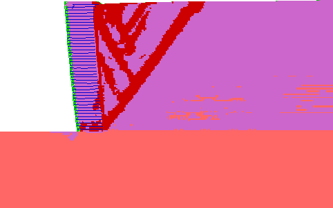 Figure 4.5. Grids. State of Soil for Case 1 (S equals 0.2 meters, lowercase L equals 1.5 meters):  (A) Failure State (lowercase H equals 8.6 meters, ratio of lowercase L to lowercase H equals 0.17);  (B) Critical State (lowercase H equals 6.6 meters, ratio of lowercase L to lowercase H equals 0.23). This figure represents the model for case 1, in which S equals 0.2 meters with high strength soil and very stiff foundation. Three material states are displayed on the grids: elastic; at yield in shear or volume; and elastic, yield in past. The failure state demonstrated in grid A shows elastic foundation; an area of elastic, yield in past material throughout the half of the retained soil that is farthest from the reinforcement layers, with scattered elastic states near the bottom of the retained soil; and a thick band of material at yield in shear or volume beginning at the base of the reinforcement layer and extending up at a 60-degree angle through the retained soil. The area above and to the left of this band is scattered with bands of material at yield in shear or volume intersecting material that is elastic, yield in past. There is also a band of the yielding material against the entire boundary between the reinforcement layers and the retained soil. The critical state demonstrated in grid B shows elastic foundation; a larger area of elastic, yield in past throughout approximately five-sixths of the retained soil that is farthest from the reinforcement layers with scattered elastic states near the bottom of the retained soil; and a thin band of at yield in shear or volume beginning at the base of the reinforcement layer and extending up at a 75-degree angle through the retained soil. There is also evidence of scattered material at yield in shear or volume at the base of the reinforcement layers, and a thin band of this material moving up the boundary between the reinforcement layers and the retained soil.