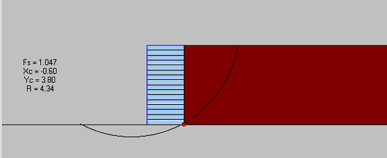 Figure 5.4. Grids. Comparison of FLAC and AASHTO Results for Case 10 (S equals 0.2 meters, lowercase H equals 3.2 meters, lowercase L equals 1.5 meters):  (A) MSEW 1.1 Analysis:  Critical Slip Surface from Deep-Seated Stability Analysis; (B) FLAC Analysis:  Failure Zones Distribution at the Critical State. The figure compares the results of analysis using two different approaches. Each approach has been utilized by using different software, i.e. (1) AASHTO (limit equilibrium method) - MSEW software (result is critical slip surface), and (2) FLAC approach (finite difference method) - FLAC software (result is distribution of failure zones which in the other method corresponds to critical slip surface).