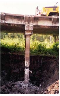 Sheared south pile of bent 12. This image shows the sheared south pile/column of bent 12, Trinity River Relief Bridge, at about 2.4 meters (8 feet) below the pile beam cap. Four number 8 steel rebars are exposed for a distance of 0.3 meters (1 foot).