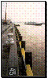 Figure 5. Photo. Fendering system, Nashville Avenue Marine Terminal, Port of New Orleans, Louisiana. This figure is a color photograph of a large number of fender piles lining the outside of a very long pier. The fender piles are regularly spaced along one outer side of the pier. The fender piles depict an example of one experimental use of fiber-reinforced polymer composite piles.