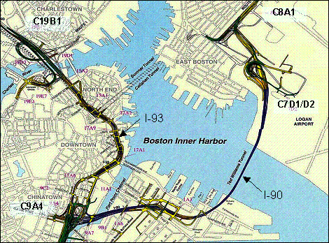 Figure 1. Map. Locations of selected contracts from the Central Artery/Tunnel project. This figure is a map of the area of the Central Artery/Tunnel project with the locations of five contracts indicated. In the center of the map is Boston Inner Harbor. Logan Airport is to the east, or right side, of the map. Downtown Boston is to the west, or left side, of the map. Charlestown is at the upper left of the map. Chinatown is at the lower left of the map. East Boston is at the upper center of the map. Interstate 90 starts at the lower left side of the map, proceeds horizontally across the bottom toward the right side of the map, curves upward through the Ted Williams Tunnel under Boston Inner Harbor, and goes to the west, or left side, of Logan Airport. Interstate 93 starts at the lower left side of the map, proceeds for a short distance to the right and up, then curves back to the left. The locations of five contracts are given. Contracts C07D1 and D2 are located at Logan Airport. Contract C08A1 is located above Logan Airport. Contract C19B1 is located in Charlestown. And contract C09A4 is located in Chinatown, which is southwest of Downtown and at the lower left corner of the map.