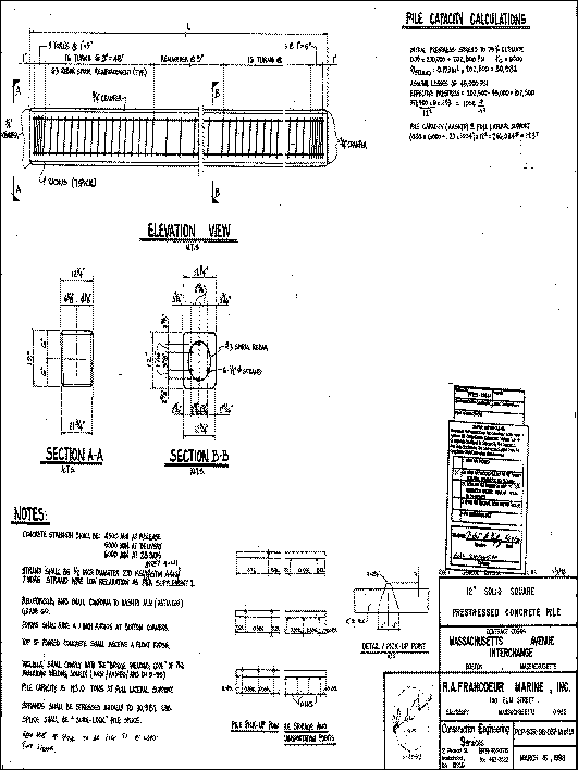 Figure 7. Drawing. Typical pile details for a 30-centimeter-diameter precast, prestressed concrete pile. This figure is a complex design drawing containing a variety of details and information, some of it unreadable, about what the drawing’s title and legend call a 12-inch solid square prestressed concrete pile. The date of the drawing is March 16, 1998. The major sections of the drawing are entitled Pile Capacity Calculations, Notes, Elevation View, Section A-A, and Section B-B. The Pile Capacity Calculations section contains difficult-to-read calculations concerning pile capacity. The Notes section contains statements about such matters as concrete strength, wire strand size, reinforcing bars, welding, pile capacity, and splicing. The Elevation View shows a horizontal pile of unstated length wrapped in five sections with number 3 rebar spiral reinforcement. The first and last sections have five turns 2.54 centimeters parenthesis one inch end parenthesis apart. The second and fourth sections have 16 turns 7.62 centimeters parenthesis 3 inches end parenthesis apart. The middle section has an unstated number of turns 22.9 centimeters parenthesis 9 inches end parenthesis apart. Section A-A appears to be a cross section of a trapezoidal-shaped pile with a top dimension of 31.11 centimeters parenthesis 12.25 inches end parenthesis, a bottom dimension of 29.84 centimeters parenthesis 11.75 inches end parenthesis, and side dimensions of 30.48 centimeters parenthesis 12 inches end parenthesis. Section B-B appears to be the same cross section view as Section A-A, but with reinforcing strands and rebar in the interior of the pile. The figure also has sketches of pile pickup, storage, and transportation points.