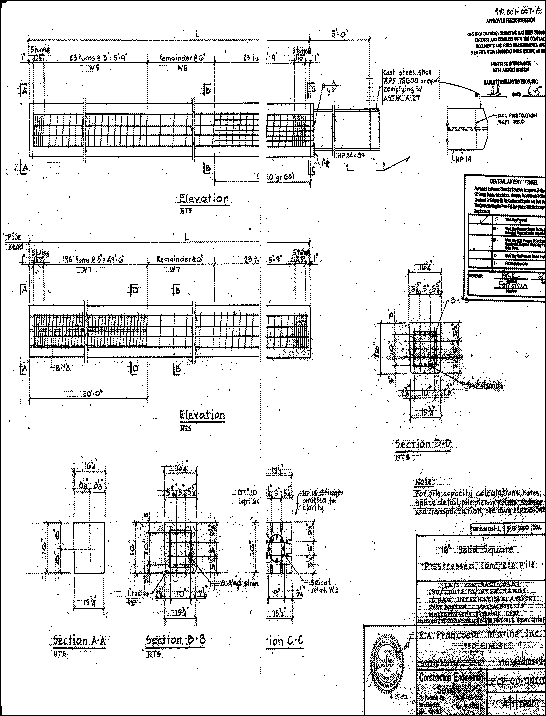 Figure 8. Drawing. Typical pile details for a 41-centimeter-diameter precast, prestressed concrete pile with stinger. This figure is a complex design drawing containing a variety of details and information, much of it unreadable, about what the drawing’s title and legend call a 40.64 cm parenthesis 16-inch end parenthesis solid square prestressed concrete pile. The date of the drawing is April 1, 2000. The drawing contains six sketches. Two are called Elevation, and each of the two appears to be a view of the unstated length of a horizontal pile wrapped with rebar spiral reinforcement. Each pile is divided into five sections. For the top-most pile, the first and last sections have five turns an unreadable number of inches apart. The second and fourth sections have 23 turns 7.62 centimeters parenthesis 3 inches end parenthesis apart. The middle section has an unstated number of turns 15.4 centimeters parenthesis 6 inches end parenthesis apart. For the other horizontal pile, the first and last sections have five turns an unreadable number of centimeters apart. The second section has 198 turns 7.62 centimeters parenthesis 3 inches end parenthesis apart. The third, or middle, section has an unstated number of turns 15.4 centimeters parenthesis 6 inches end parenthesis apart. The fourth section has 23 turns 7.62 centimeters parenthesis 3 inches end parenthesis apart. The other four sketches, labeled Section A-A, Section B-B, Section C-C, and Section D-D are each a cross section of the same pile. Each shows different details of the interior of the pile. The pile in Sections A-A, B-B, and D-D is trapezoidal in shape, with a top dimension of 41.3 centimeters parenthesis 16.25 inches end parenthesis, a bottom dimension of 40.0 centimeters parenthesis 15.75 inches end parenthesis, and side dimensions of 40.6 centimeters parenthesis 16 inches end parenthesis. The sketch in Section C-C is of an inner rectangular portion of the same pile. The dimensions are 39.4 centimeters parenthesis 15.5 inches end parenthesis by 40.6 centimeters parenthesis 16 inches end parenthesis.