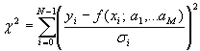 Equation 1. Chi square equals the summation of I equals zero to N minus 1 times the square of the following quotient: Y subscript I minus F of X subscript I and A subscript 1 through A subscript M, all divided by theta subscript I.