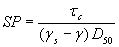 Equation 16. The Shields parameters (SP) equals tau subscript C divided by the product of the result of Gamma subscript S minus Gamma times D subscript 50.