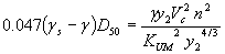 Equation 19. 0.047 times the result of Gamma subscript S minus Gamma times D subscript 50 equals the product of Gamma times Y subscript 2 times V subscript C squared times N squared, divided by the product of K subscript UM squared times Y subscript 2 to the four-thirds power.