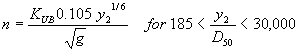 Equation 25. N equals the product of K subscript UB times 0.105 times Y subscript 2 to the one-sixth power, all divided by the square root of G. This is for 185 is less than Y subscript 2 divided by D subscript 50 is less than 30,000.