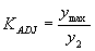 Equation 3. K subscript ADJ, which is an empirical coefficient, equals Y subscript max divided by Y subscript 2.