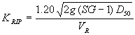 Equation 33. K subscript RIP equals 1.20 times the square root of the product of 2 times G times the result of SG minus 1 times D subscript 50, all divided by V subscript R.