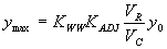 Equation 34. Y subscript max equals K subscript WW, which is the wingwall entrance coefficient, times K subscript ADJ, which is the empirical adjustment factor to account for turbulence and vorticity at the upstream corner of the culvert derived from regression analysis, times the quotient of V subscript R divided by V subscript C, times Y subscript 0.