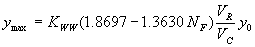 Equation 35. Y subscript max equals K subscript WW, which equals 1.0 for vertical face entrances and 0.89 for wingwall entrances, times the result of 1.8697 minus 1.3630 N subscript F, times the quotient of V subscript R divided by V subscript C, times Y subscript 0.